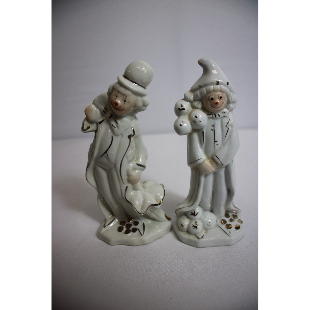Pair of Vintage Sophia Ann White Porcelain Clowns w Gold Trim & Polka Dots Japan